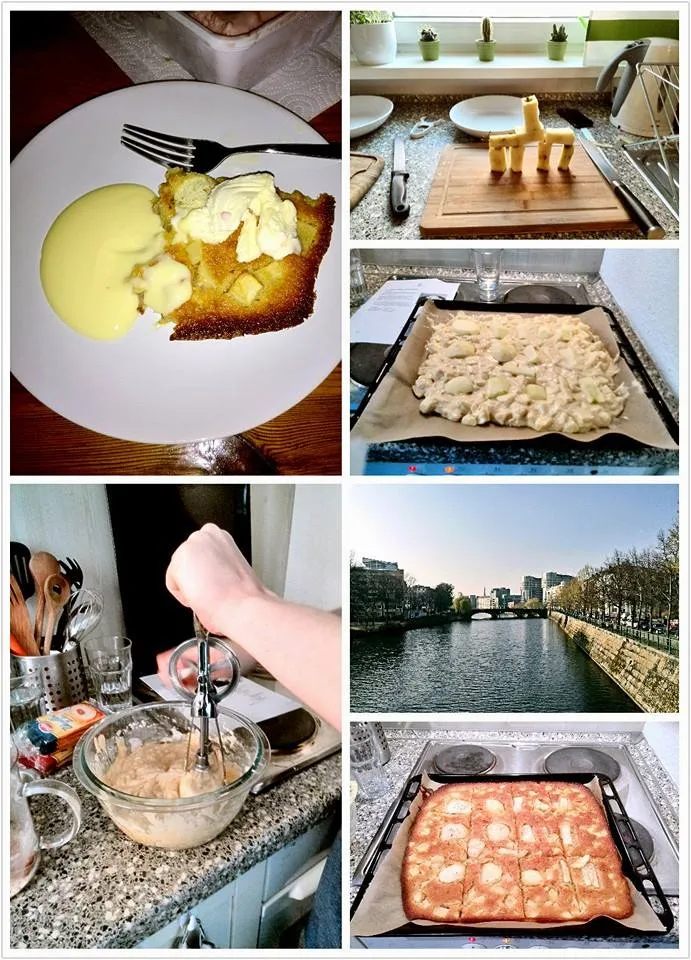 A collage: apple cake with custard, butter on a cutting board, dough on a baking sheet, hand-mixing batter, the river Spree, the finished cake